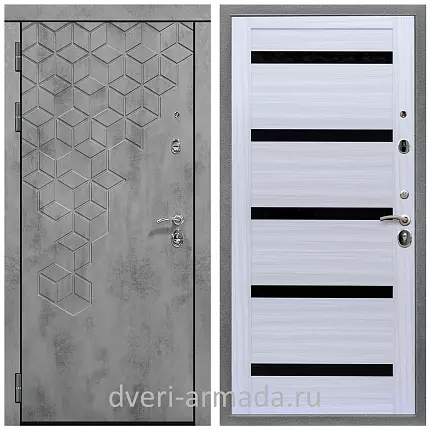 Дверь входная Армада Квадро МДФ 16 мм Бетон тёмный / МДФ 16 мм СБ-14 Сандал белый стекло черное
